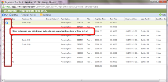 Other testers can now click the run button to pick up and continue tests
