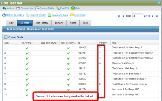 Version of the test case being used in the test set