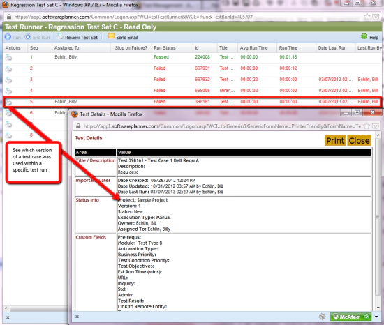 See which version of a test case was used within a spcific test run