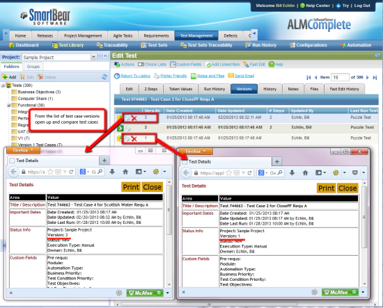 From the list of test case versions open up and compare test cases