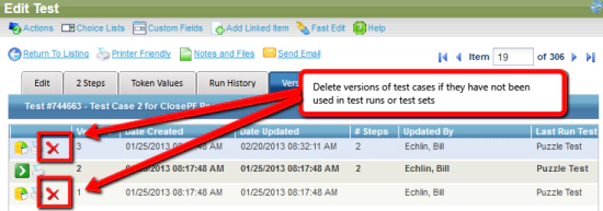 Delete versions of test cases if they have not been used in test runs