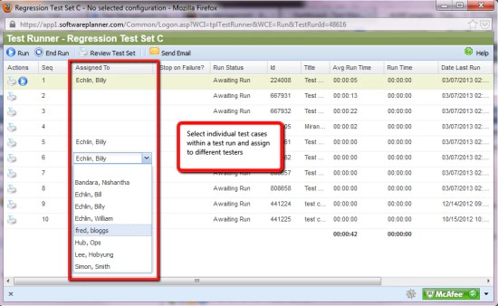 Select individual test cases within a test run and assign to different testers