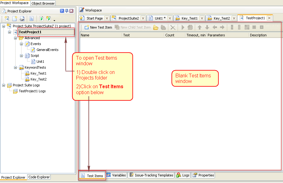 TestComplete Project Test Items