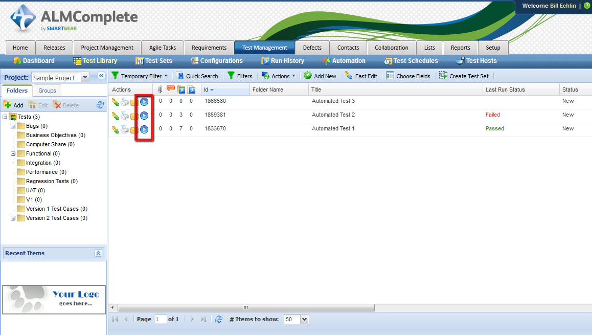 Running tests from the test library in QAComplete Running tests from the test library in QAComplete