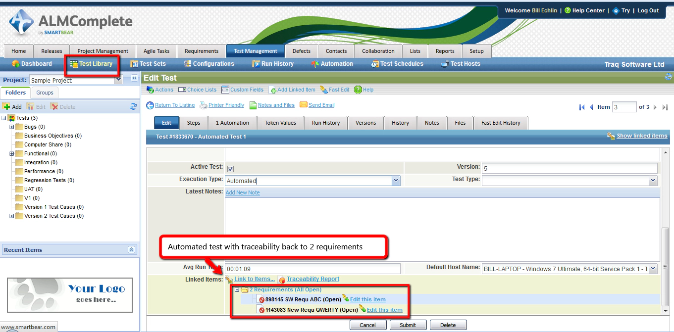 Automated Test Cases with Requirements Traceability in QAComplete