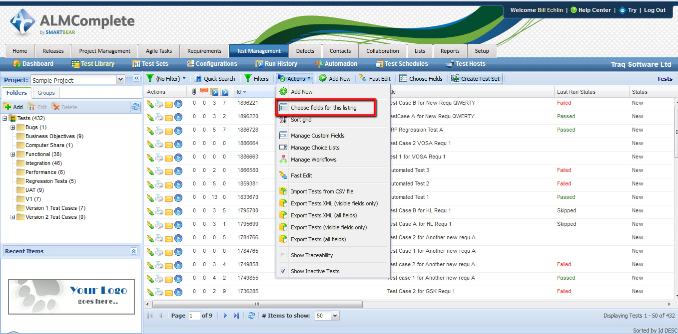 Choose List of Fields in QAComplete