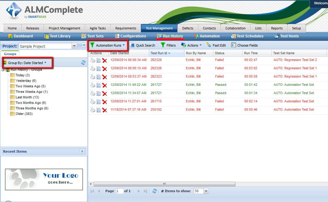 Test Set Filter Applied in QAComplete