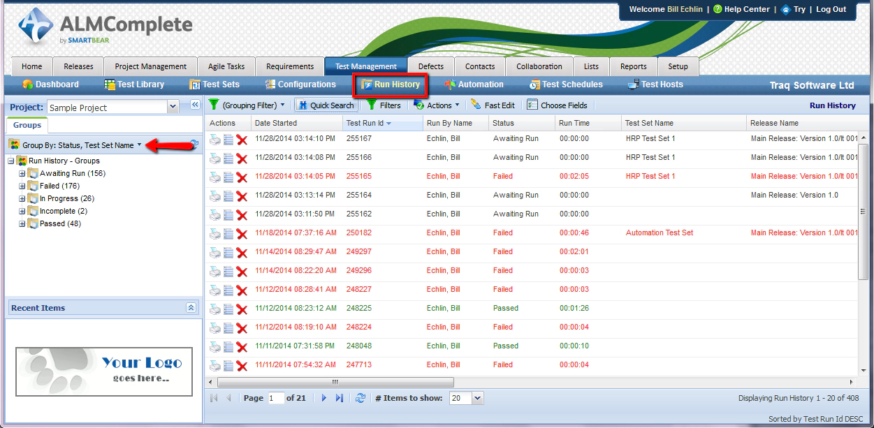 Test Run History in QAComplete