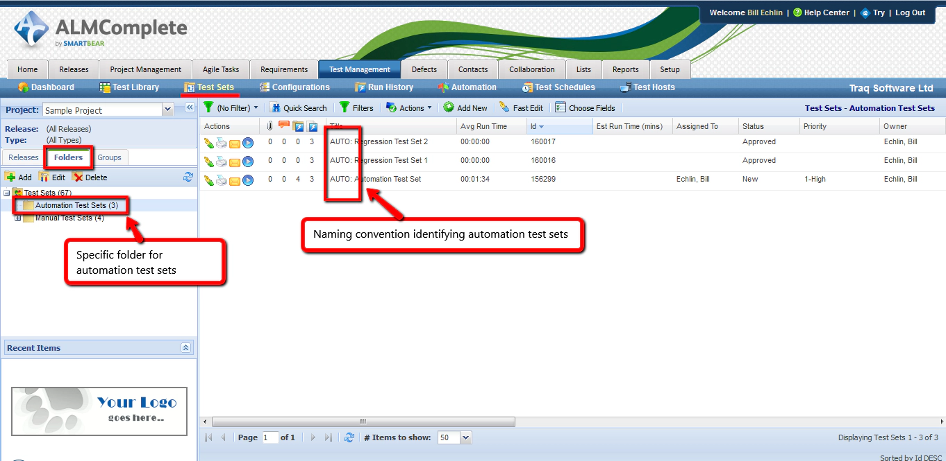 Name and Location for Test Set in QAComplete