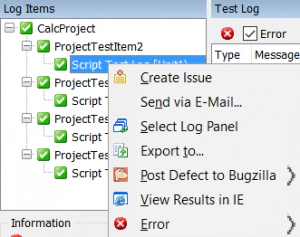 TestComplete log menu