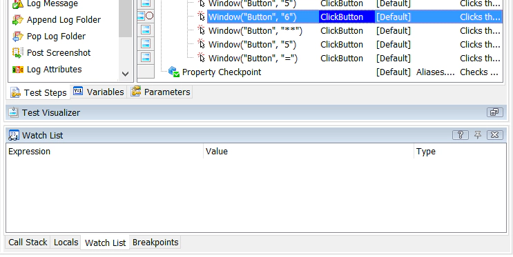 TestComplete debug panels