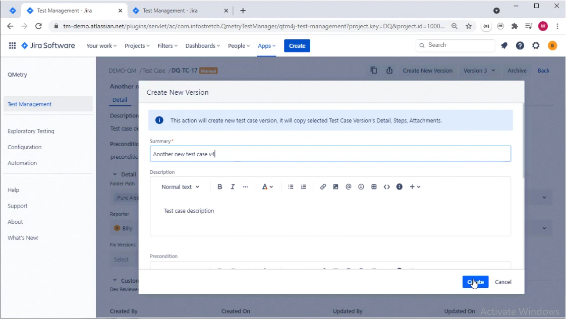 Creating Test Case Version Creating Test Case Version