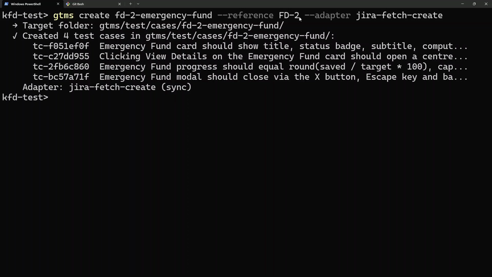 gtms create fetches the FD-2 story from Jira and writes four test cases, each with its own ID