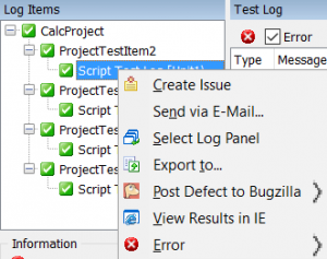 TestComplete log menu