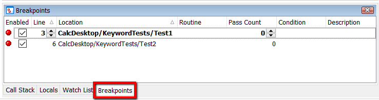 TestComplete Debuging Panel Break Points