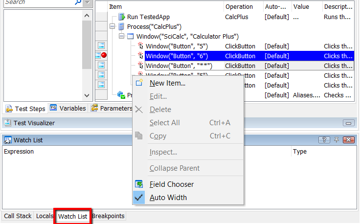 TestComplete Panels watch list